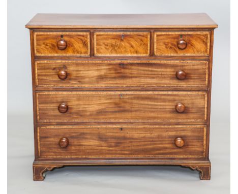 EARLY 19TH CENTURY MAHOGANY CHEST OF DRAWERS
three short over three long drawers, turned mahogany handles, line inlaid with r