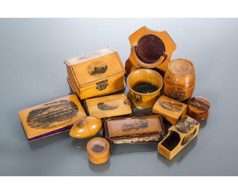 COLLECTION OF MAUCHLINE WARE 
including a trinket box, two smaller boxes, a napkin ring, aide-mémoire, and a pocket watch sta