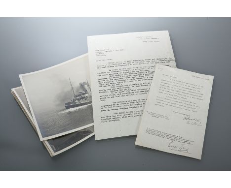 WORLD WAR II EPHEMERA RELATED TO THE H.M.S. PELORUS 
including a letter from Commander G. Nelson to the Secretary of Messrs. 