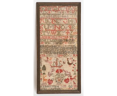 TWO GEORGE III SAMPLERS
the first of rectangular form, with the alphabet and pictorial motifs, signed 'M. Callaster' (?) and 