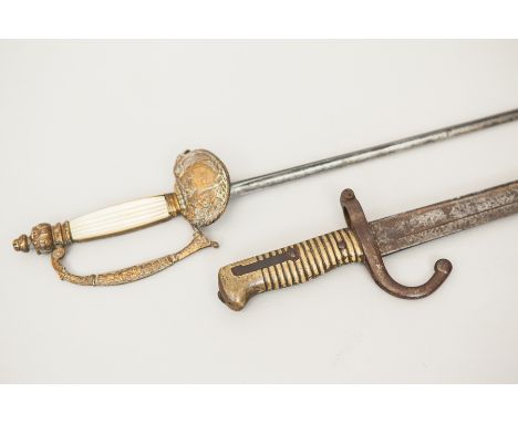 19TH CENTURY FRENCH BAYONET
lacking its scabbard, serial number rubbed (ending 6/89), 69cm long; together with an officer's d