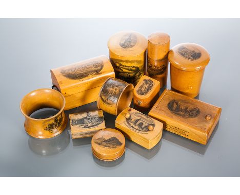 COLLECTION OF MAUCHLINE WARE
including a travelling glass in its case, thimble case, matchbox striker and case, two napkin ri