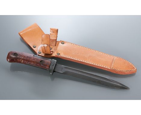 CZECH 1958 BAYONET
with bevelled blade with engraved number '2874R', with wooden handle, 28cm long, together with a tan leath