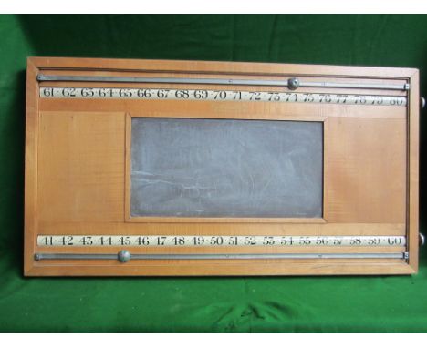 Burroughes & Watts roller oak c1920. Rectangular roller scoreboard in light oak, central slate area flanked by flat panels. M
