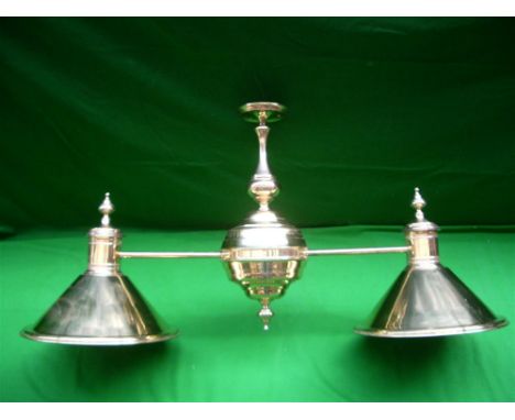 Christopher Wray Stuart 2-light solid brass to large ceiling boss. Size  130cm long x 62cm high with 43cm dia. coolie shades 