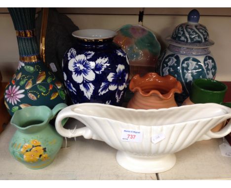 Eight pieces pottery and a slate lamp M3. Tallest 38cm. M3