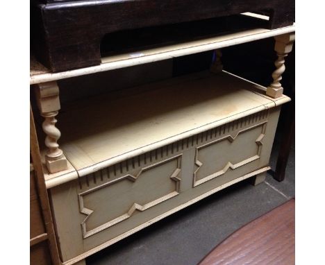 A cream painted monk's bench. W106cm D45cm H75cm.