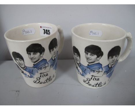 Beatles Memorabilia- A Pair of 1960's Beatles Pottery Cups, printed 'The Beatles' with each band member profile picture and f