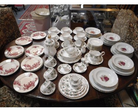 A COLLECTION OF FRENCH RED TRANSFER DECORATED PLATES, a quantity of 'Bone Coronet China' tea and coffee ware, a collection of