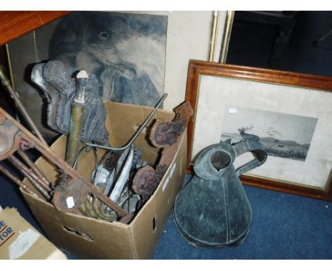 A COLLECTION OF VICTORIAN IRON FIRE TOOLS, similar metalwork and a collection of Victorian prints