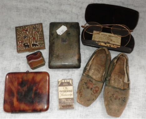 AN INLAID TORTOISESHELL CIGARETTE CASE, a pair of miniature k=needlework slippers with label 'Carleton, Castle Street, Dublin