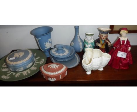 A COLLECTION OF BLUE AND GREEN WEDGWOOD JASPER WARES, a Royal Worcester figure and similar ceramics