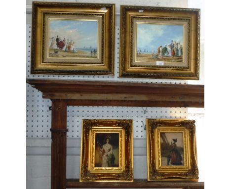 CLAUDE LEON: Two Victorian beach scenes, oil on board, and R Wilson: two studies of ladies, one standing next to the Eiffel T