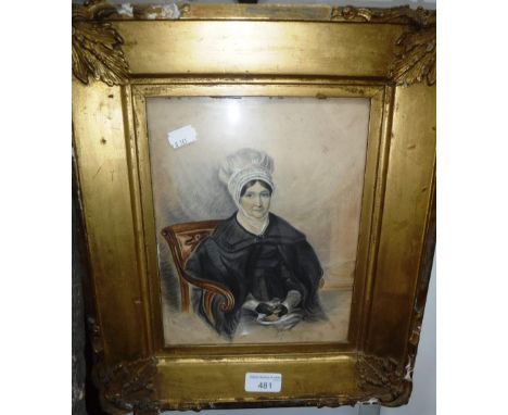 ENGLISH SCHOOL: A portrait of a Victorian woman wearing a bonnet and sitting in a chair, signed 'A.M. 1834', watercolour and 