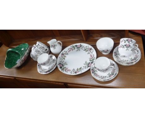 A FLORAL DECORATED WEDGWOOD TEA SET and a Maling basket