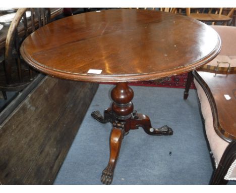 A VICTORIAN MAHOGANY TIP-TOP TRIPOD TABLE with carved animal paw feet, 33.5" dia