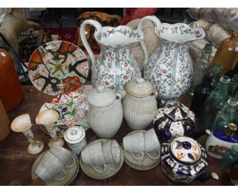 A LEACH STUDIO POTTERY COFFEE SET, two large Edwardian jugs and similar ceramics