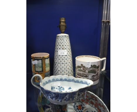 A 1950S RYE POTTERY TABLE LAMP. a large 19th mug, decorated with a steam train and similar ceramics