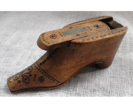 A PRISONER-OF-WAR TYPE WOODEN  SNUFF BOX in the form of a shoe, with pique-work decoration