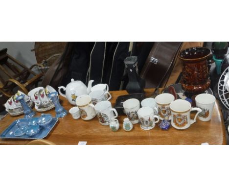 A FLORAL TEA SET, royal mugs, mixed ceramics and a camera