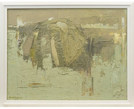 * TOM HUTCHESON RGI (SCOTTISH 1922 - 1999),EARTHSCAPE mixed media on board, signed and dated '6369.5cm x 89.5cm Framed 