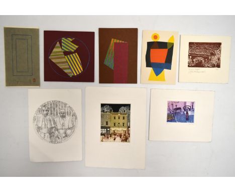 A collection of eight cards addressed to Trevor and Dorothy Frankland. A mix of etching, lithograph, woodcut and collage. The