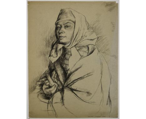Erlund Hudson (Eleanor Hudson) 1911 -2012). A well worked charcoal on paper portrait of woman, probably a fellow canteen volu