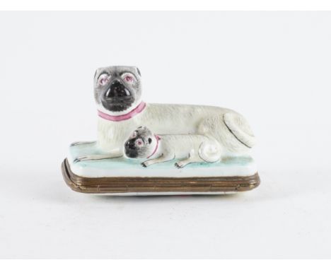 AN ENAMEL COPPER-MOUNTED SNUFF BOX AND COVERProbably German or French, 18th/19th century Modelled as a recumbent pug dog with