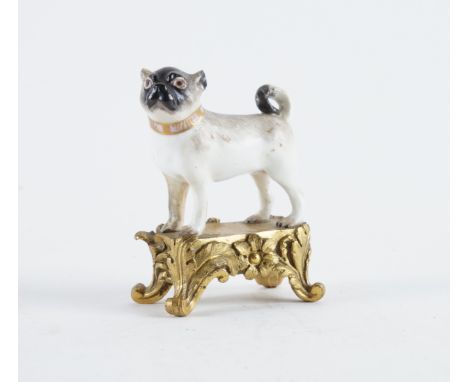 A MEISSEN MINIATURE FIGURE OF A STANDING PUG DOGMid 18th century Wearing a puce collar with gilt bow and fixed to a later orm