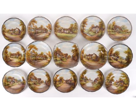 A ROYAL WORCESTER PART SERVICECirca 1940 Each piece printed and painted with titled cottage scenes, signed Rushton, inside si