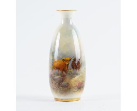 A ROYAL WORCESTER SMALL SLENDER VASECirca 1923 Painted by H.Stinton, signed, with two Highland cattle in a landscape between 