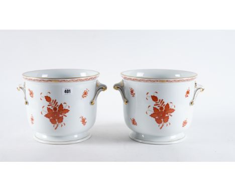 A PAIR OF HEREND PORCELAIN U-SHAPED WINE COOLERS (2)Decorated in the `Chinese Bouquet Rust' pattern and set with shell and sc