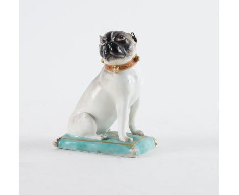 A MEISSEN FIGURE OF A PUG DOGMid 18th century Modelled by J.J.Kaendler, facing to the right, wearing a red collar with yellow