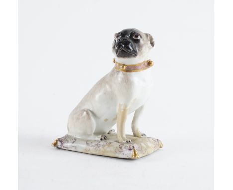 A MEISSEN FIGURE OF A PUG DOGMid 18th century Modelled by J.J. Kaendler, facing to the right, wearing a puce collar with blue