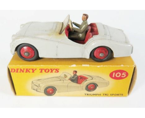 Dinky 105 Triumph TR2 in grey with red interior and hubs, type 1 box