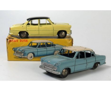 Two French Dinky 24z Simca Vedette Versailles _ one in yellow with black roof boxed and the other in light blue with white ro