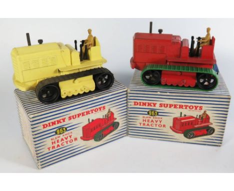 Two Dinky 963 Blaw Knox Heavy Tractor one red one yellow, both boxed