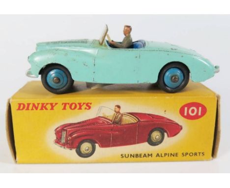 Dinky 101 Sunbeam Alpine in very light blue with dark blue interior and blue die cast hubs, boxed