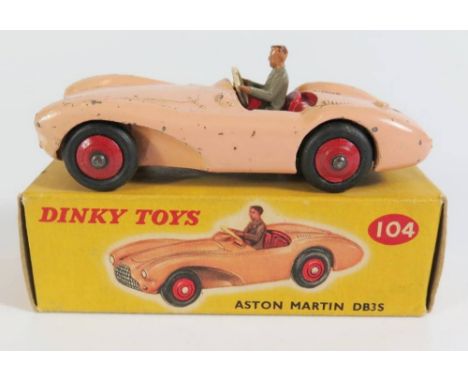 Dinky 104 Aston Martin DB3S in salmon pink, boxed