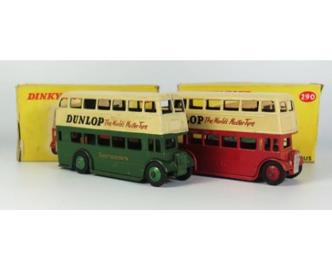 Two Dinky 290 Double Decker Buses 'DUNLOP' - one SOTHDOWN in green and cream boxed and the other in red and cream with plasti