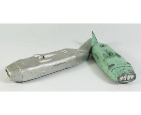   Two Dinky 23s Streamlined Racing Cars: one in light green (white tyres) and the other silver with green details and with sm