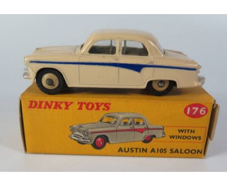 Dinky 176 Austin 105 Saloon in cream with violet line, black tyres, boxed