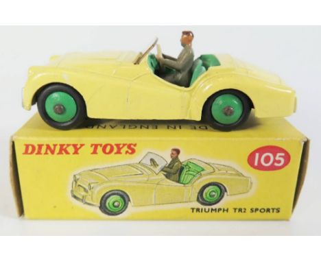 Dinky 105 Triumph TR2 in yellow with green interior and hubs, type 2 box