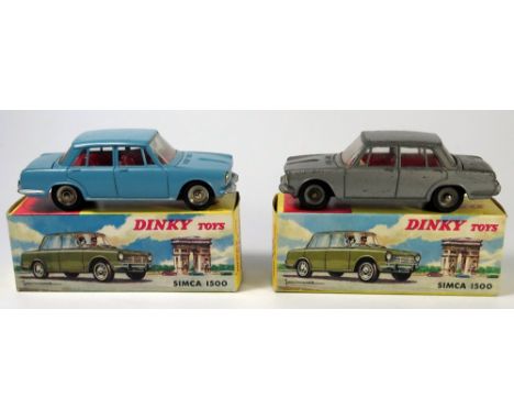 Two French Dinky 523 Simca 1500 Cars _ one light blue the other metallic grey, both boxed