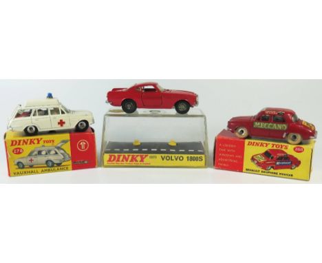Three Dinky 268 Renault Dauphine, boxed, 278 Vauxhall Ambulance with spun hubs boxed, 116 Volvo 1800 boxed