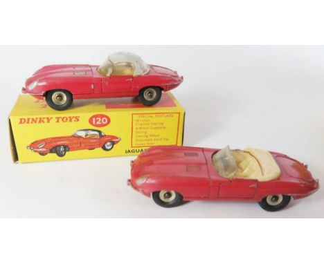 Two Dinky 120 Jaguar 'E' Type _ one in red with grey hardtop, boxed and another with cream soft-top