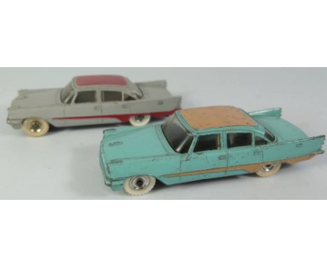 Two Dinky 192 De Soto Fireflite Cars _ one in grey with red roof and flash, the other turquoise