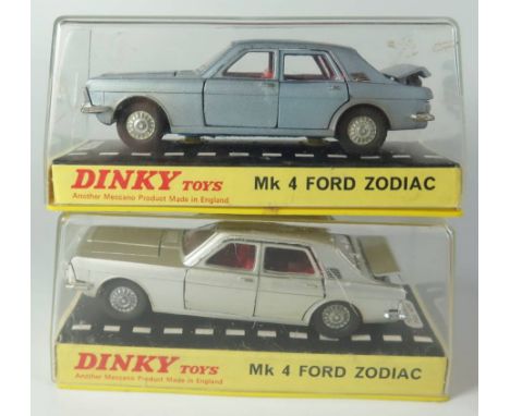 Two Dinky 164 Mk.4 Ford Zodiac Cars _ one in in light metallic blue, the other metallic silver, both boxed