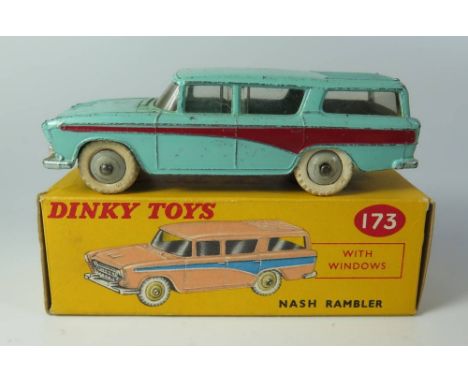 Dinky 173 Nash Rambler Station Wagon in turquoise with red flash and grey hubs, pink spot box