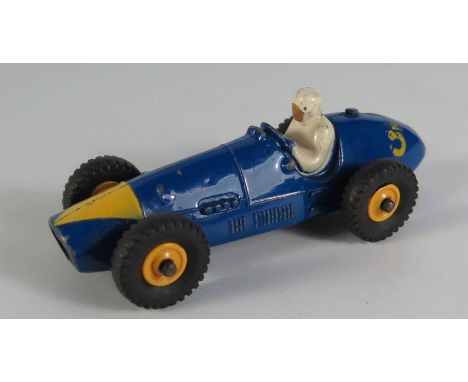 Dinky 234 Ferrari Racing Car in deep blue with yellow arrow nose cone, 234 gloss base and yellow plastic hubs, boxed